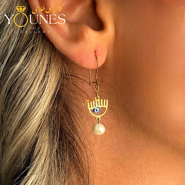 گوشواره طلا عصایی کیارا چشم نظر مروارید دار